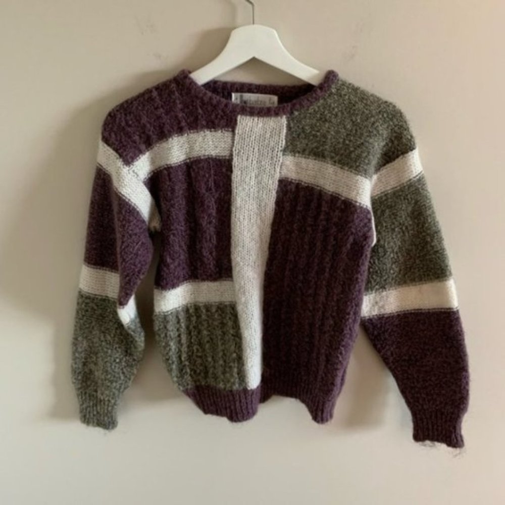 Vintage Grey White and Purple Acrylic and Wool Color Block Sweater Size Small